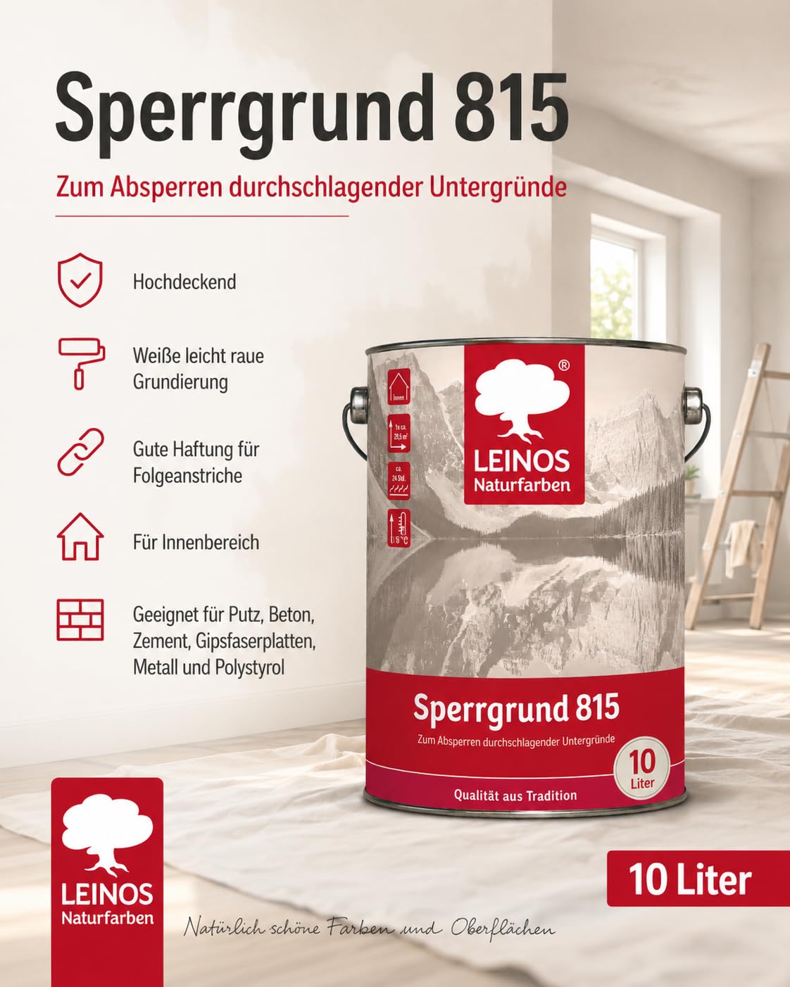 LEINOS 815 Sperrgrund 10 Liter | Hochdeckend: Erzeugt einen weißen, leicht rauen Untergrund, der für nachfolgende Anstriche gute Haftung bietet
