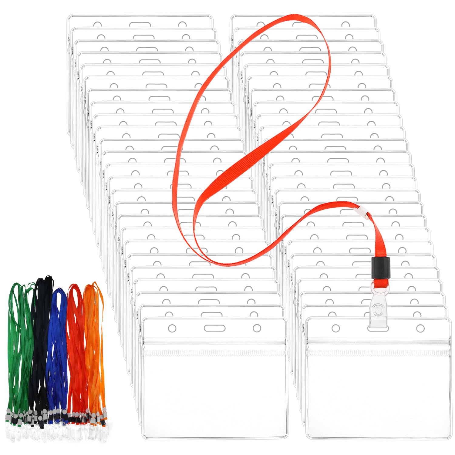 QWORK® 50pcs Lanyards with Horizontal Card Holders, Clear, Sealable Waterproof ID Badge Holders, Nylon Lanyard for Office, School, Luggage Tags