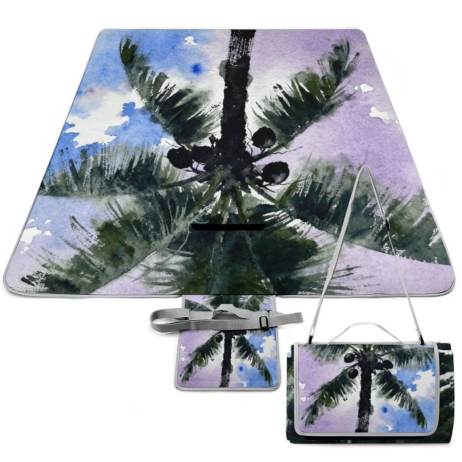 Black Coconut Tree Beach Blanket Thickened Foldable Camping Mats Soft Lightweight Beach Pad Square Picnic Blankets with Shoulder Strap for Park Grass Patio Hiking