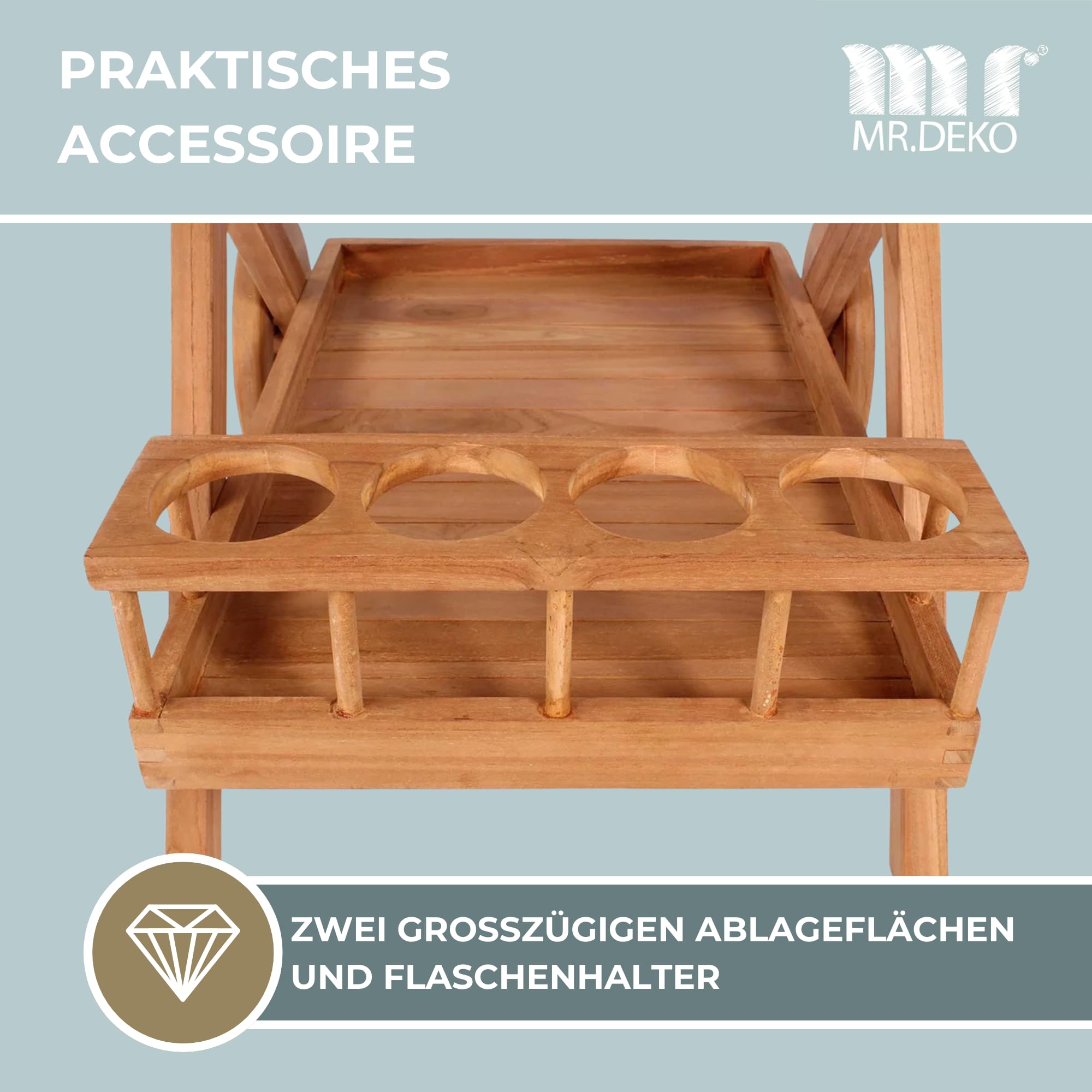 MR. DEKO® Carrello da portata Chester in teak – Tavolo da giardino – Mobili da esterno