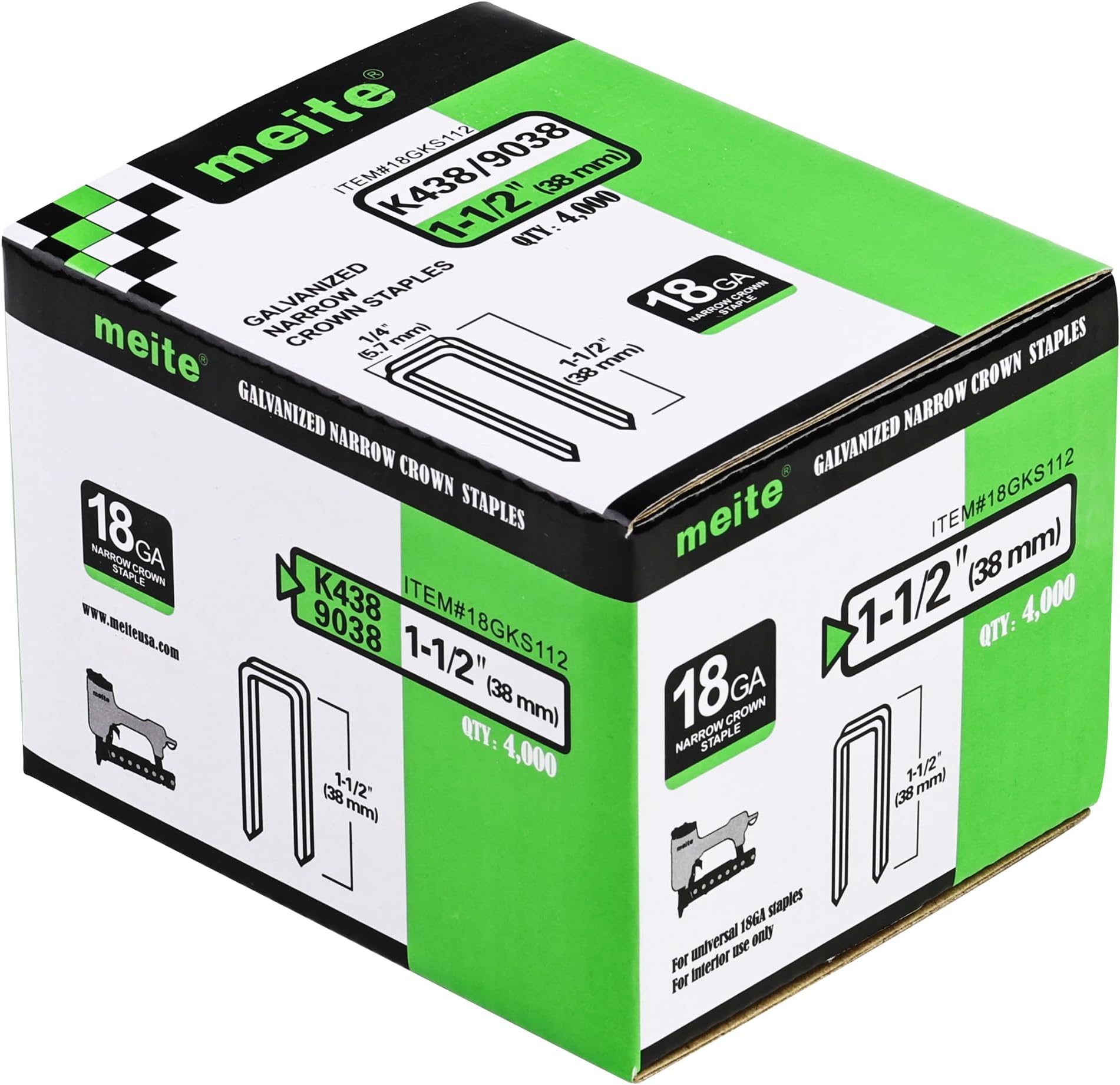 meite 18 Gauge k Series or 90 Seires 1/4-Inch Crown By Leg Length 1/2-Inch To 1-1/2-Inch Galvanized Fine Wire Staples Upholstery Staples (4000pcs/Box) (1-1/2-Inch(BOX))