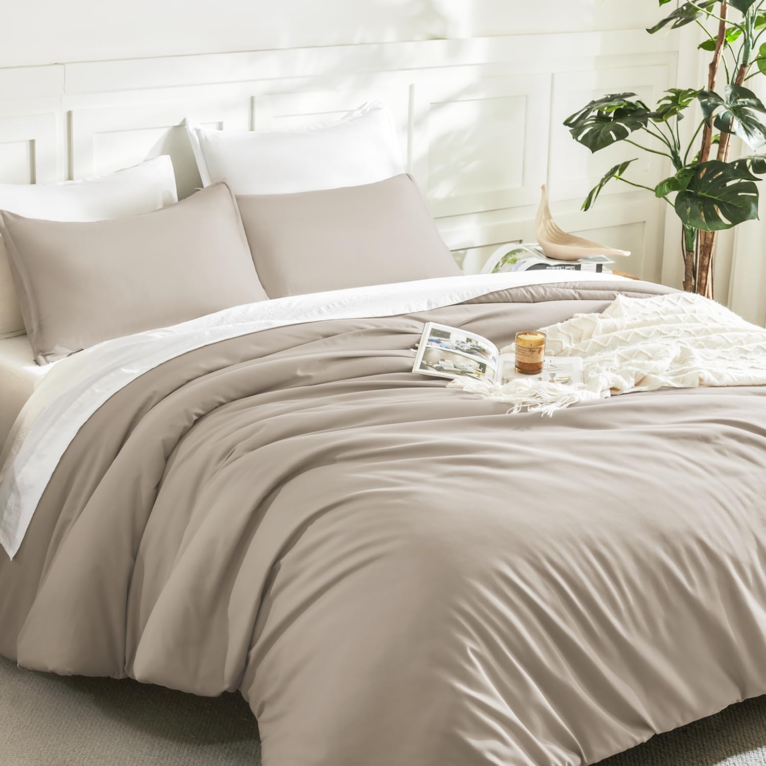 Litanika Oatmeal Comforter Queen Size, 3 Pieces Lightweight Solid Bedding Comforter Set, All Season Fluffy Bed Set (90x90In Comforter & 2 Pillowcases) - Image 5