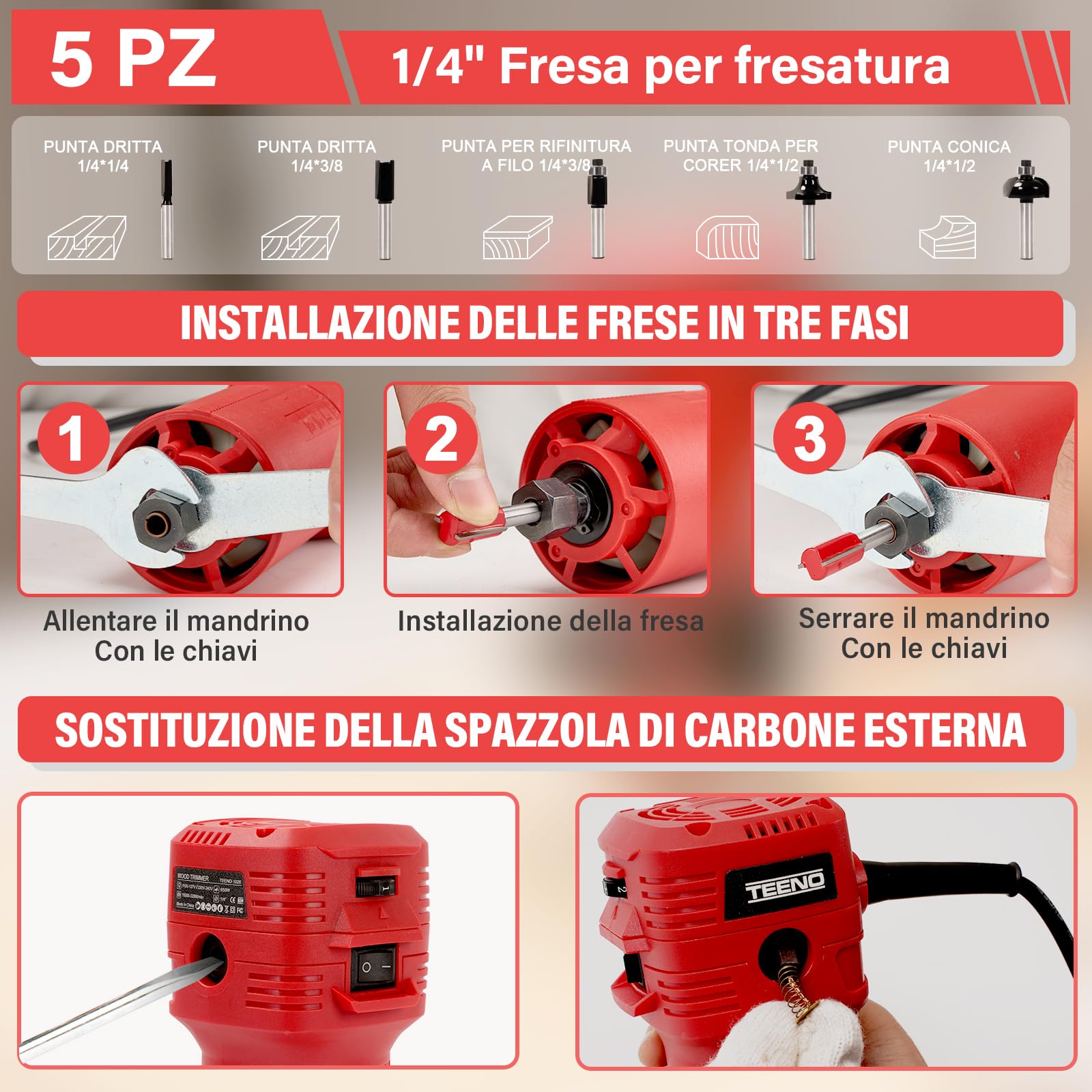 TEENO Rifilatore Fresatrice Verticale per Legno 800W 15000-32000 RPM Con Copertura Antipolvere, Legno Rifilatrice Elettrica Con 5 pezzi 1/4" Fresatura Cuter, 6 Velocità Variabili, Mandrino 6/6.35mm
