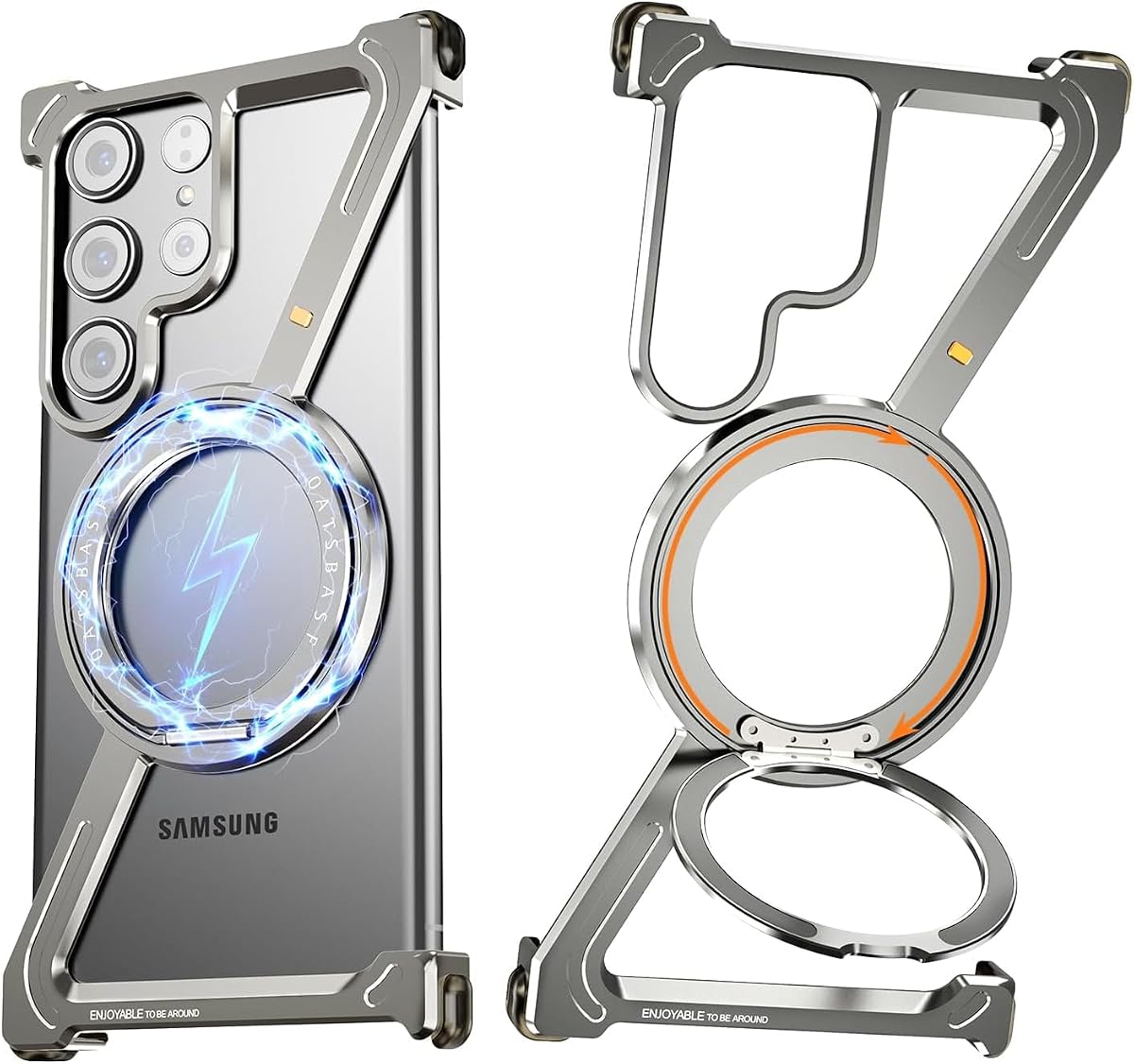 Z Shape for Samsung Galaxy S24 Ultra Case with Magsafe,Frameless Minimalist Metal Slim Phone Cases,360°Rotatable Magnetic Ring Stand,Protective Shockproof Cover for Galaxy S 24 Ultra(Silver)