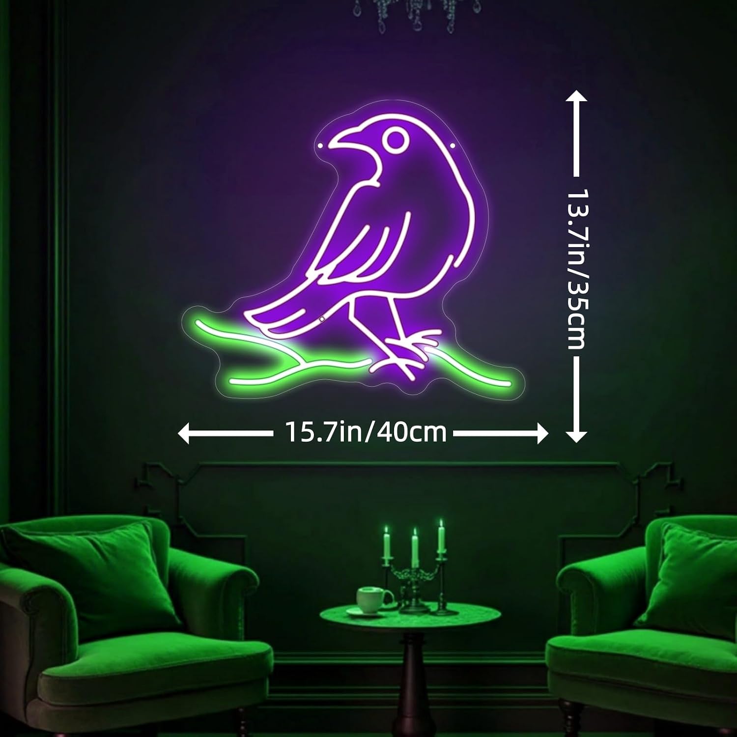 Raven On Branch Neon Sign, Crow Sign, Gothic Home Decor, Halloween Party Bar Neon Light, Poe-inspired Lighting, Witchy Bedroom Decor, Dark Academia, Bird Neon Art, Spooky Gift Ideas-17"-Purple