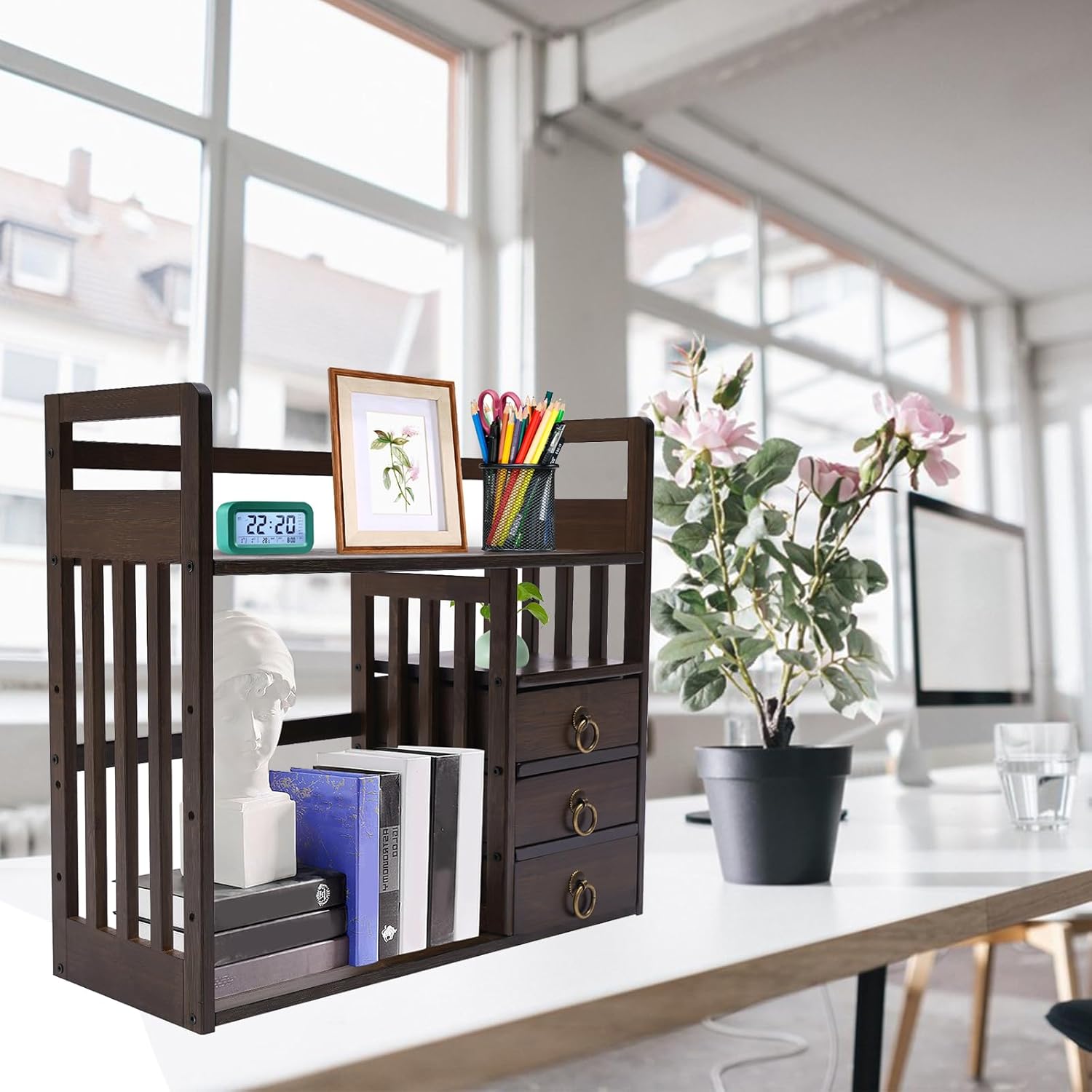 20 Inches Desktop Organizer Countertop Bookshelf with Drawers Cabinet, Wood Desktop Bookcase Storage Shelf for Home Office, Letter Tray Folders, File, Mail Sorter Rack Book Document Holder