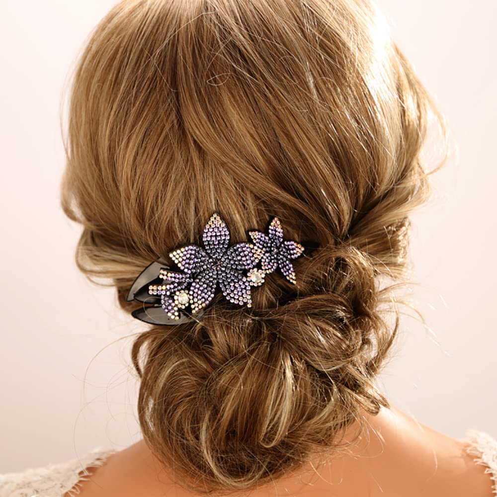 Aimimier Luxury Large Flower Hair Claw Clip Rhinestone Hair Pins Bridal Hairpiece Prom Party Hair Jewelry for Women(Purple)