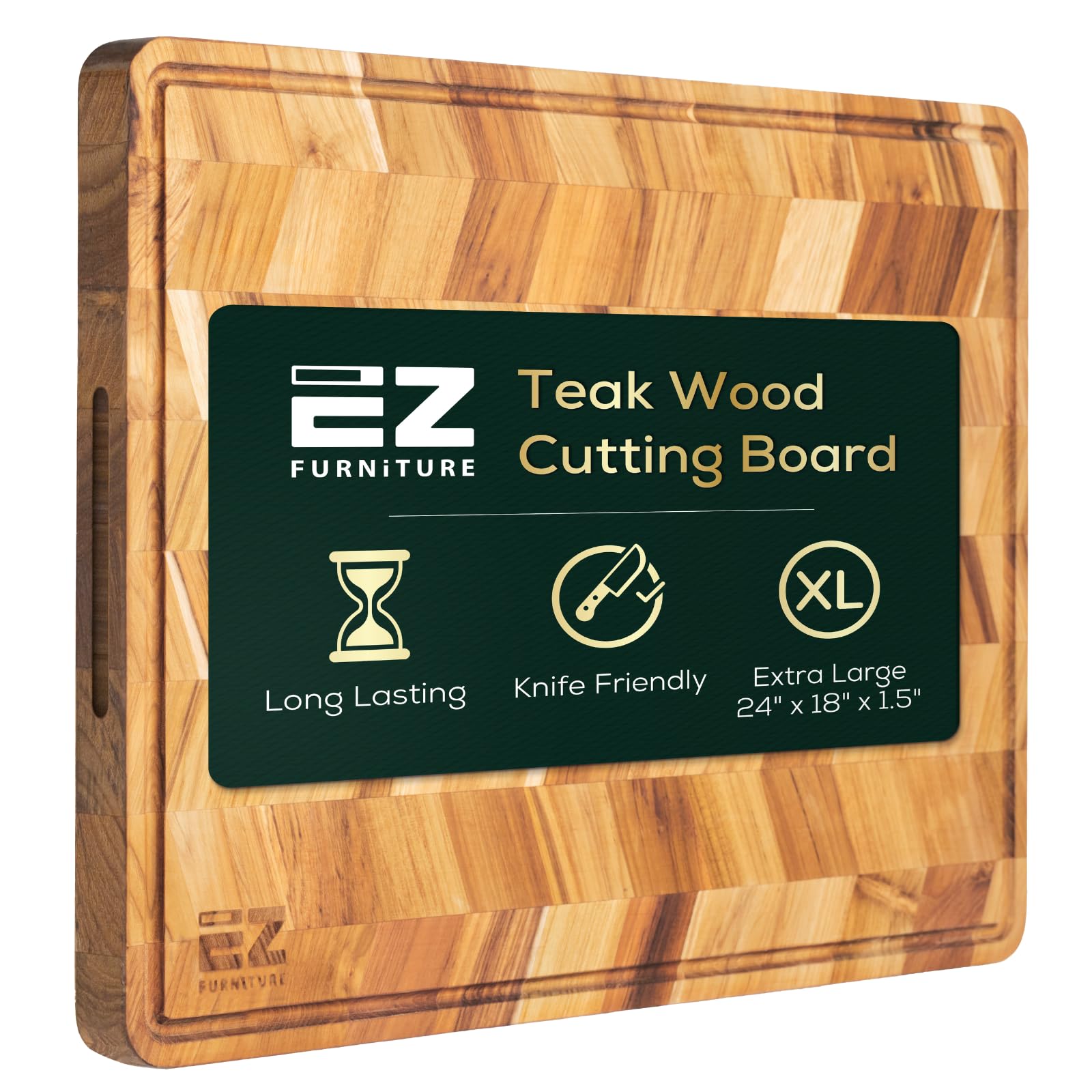 24 x 18 Inch Herringbone Teak Cutting Board, Wooden Cutting Boards for Kitchen, Wood Cutting Boards for Kitchen with Juice Groove and Handles, Large Cutting Board for Meat, Vegetables