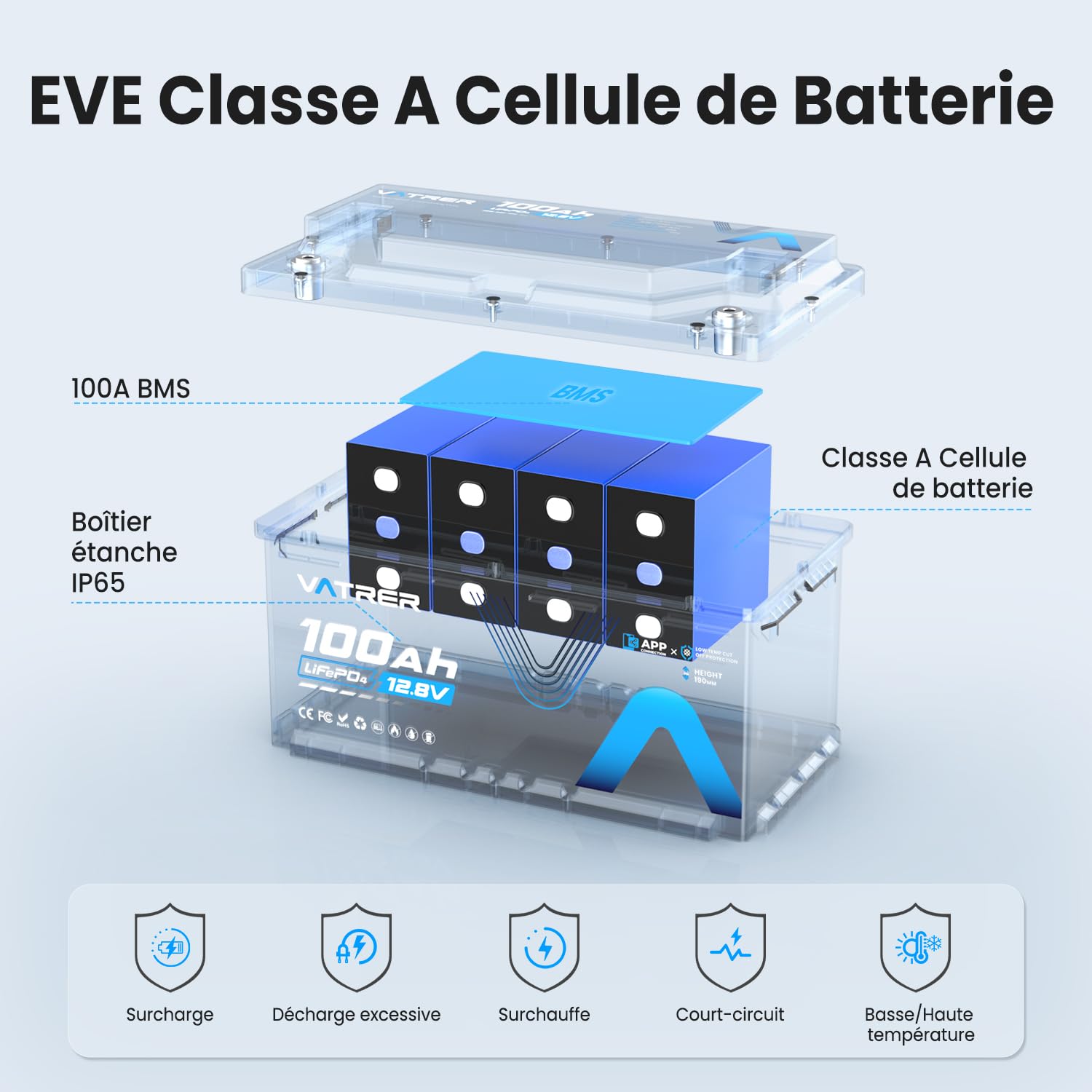 VATRER POWER 12V 100Ah H190 Bluetooth LiFePO4 Batteria con Altezza 188mm, 1280Wh, 5000+ cicli, Batteria al Litio con BMS 100A, Protezione dalle Basse Temperature, Ideale per Camper