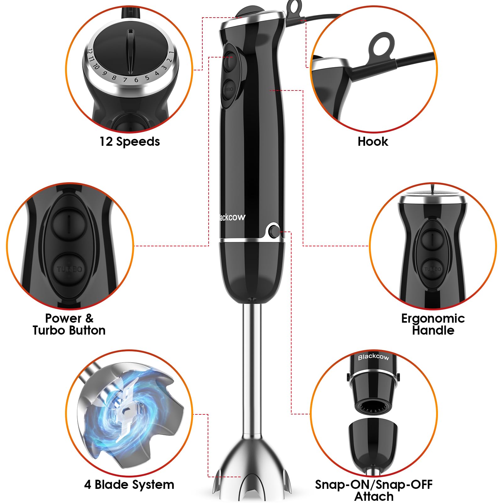Blackcow - Juego de licuadora de inmersión de mano, licuadora de mano 500 W, 12 velocidades 5 en 1 para cocina, cuchillas de acero inoxidable 3D para sopa, procesador de alimentos para bebés, batidor,