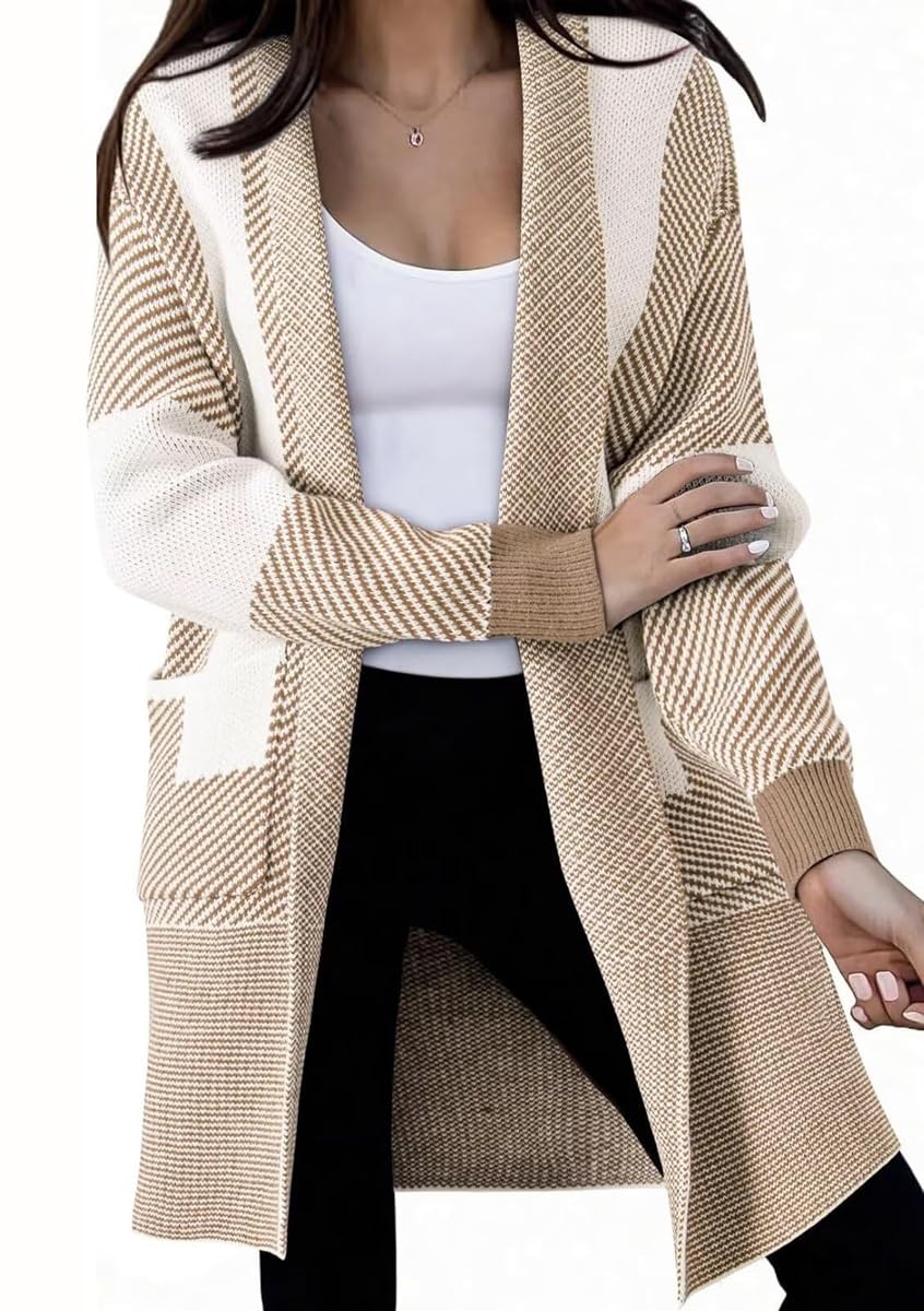 chouyatou Womens Diagonal Stripe Midi Long Cardigan Sweaters Open Front Color Block Chunky Knit Coatigan