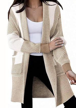 chouyatou Womens Diagonal Stripe Midi Long Cardigan Sweaters Open Front Color Block Chunky Knit Coatigan