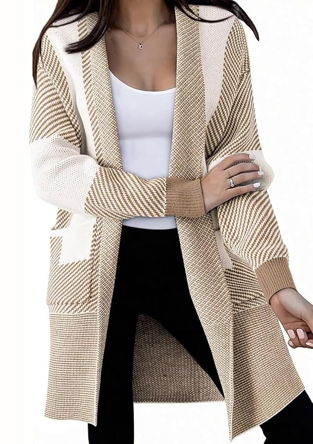 chouyatou Womens Diagonal Stripe Midi Long Cardigan Sweaters Open Front Color Block Chunky Knit Coatigan