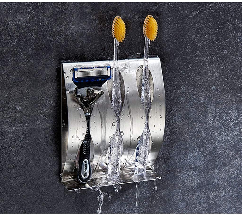 Multifuncional Soporte de cepillo de dientes con gancho 3/2, caja organizadora de cepillos de dientes autoadhesiva de montaje en pared de acero inoxidable 304, accesorios de baño Ahorro de espacio