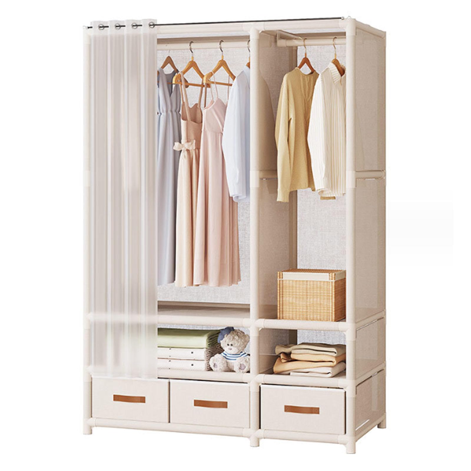 Tragbarer Kleiderschrank, mit Regalen, für Kleidung, Taschen – Stoff-Kleiderschrank, mit Schublade für Schlafzimmer – Kleiderschrank Leinwand Organisationslösung