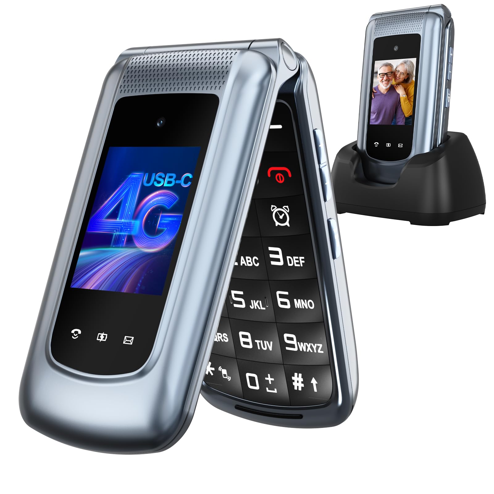 CHAKEYAKE 4G Telefono per Anziani, Cellulare per Anziani senza Contratto, Annuncio Vocale dei Tasti, Tasti grandi,Volume Elevato,Tasto SOS, Doppia SIM, Doppio Display 2,4 + 1,77", Grigio