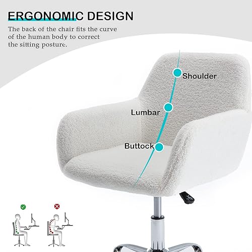 Miniatura 5 de SSLine Silla de tocador de piel sintética, elegante silla de escritorio de maquillaje peludo blanco para niñas y mujeres, silla moderna y cómoda con