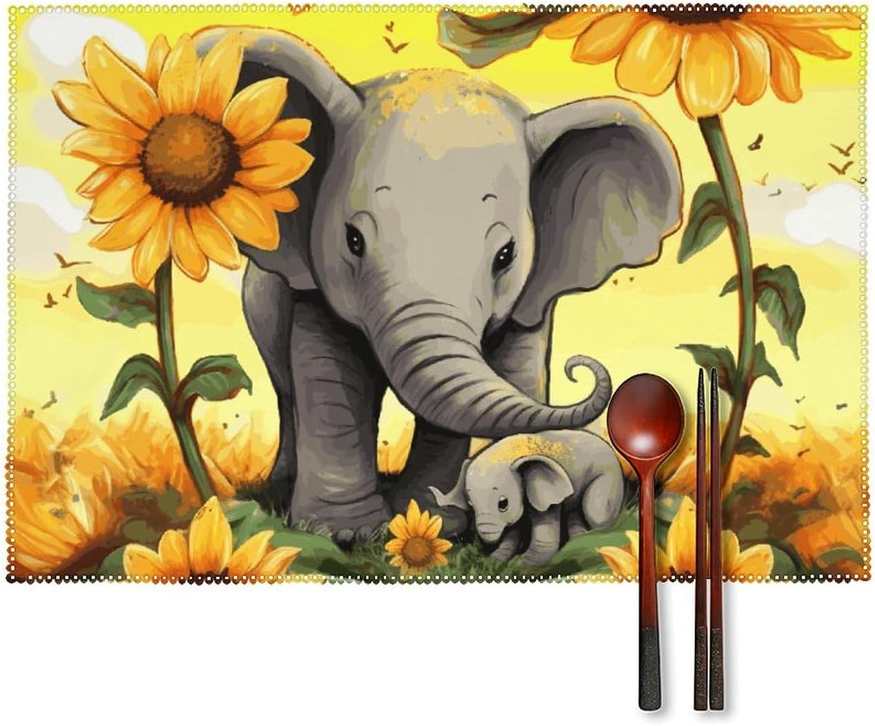 Canvas Placemats Set of 6 Mother and Baby Elephant Sunflowers Printed Heat-Resistant Placemats Wrinkle-Free Place Mats for Dining Table, Easy to Clean 17.7 X 11.8 Inches