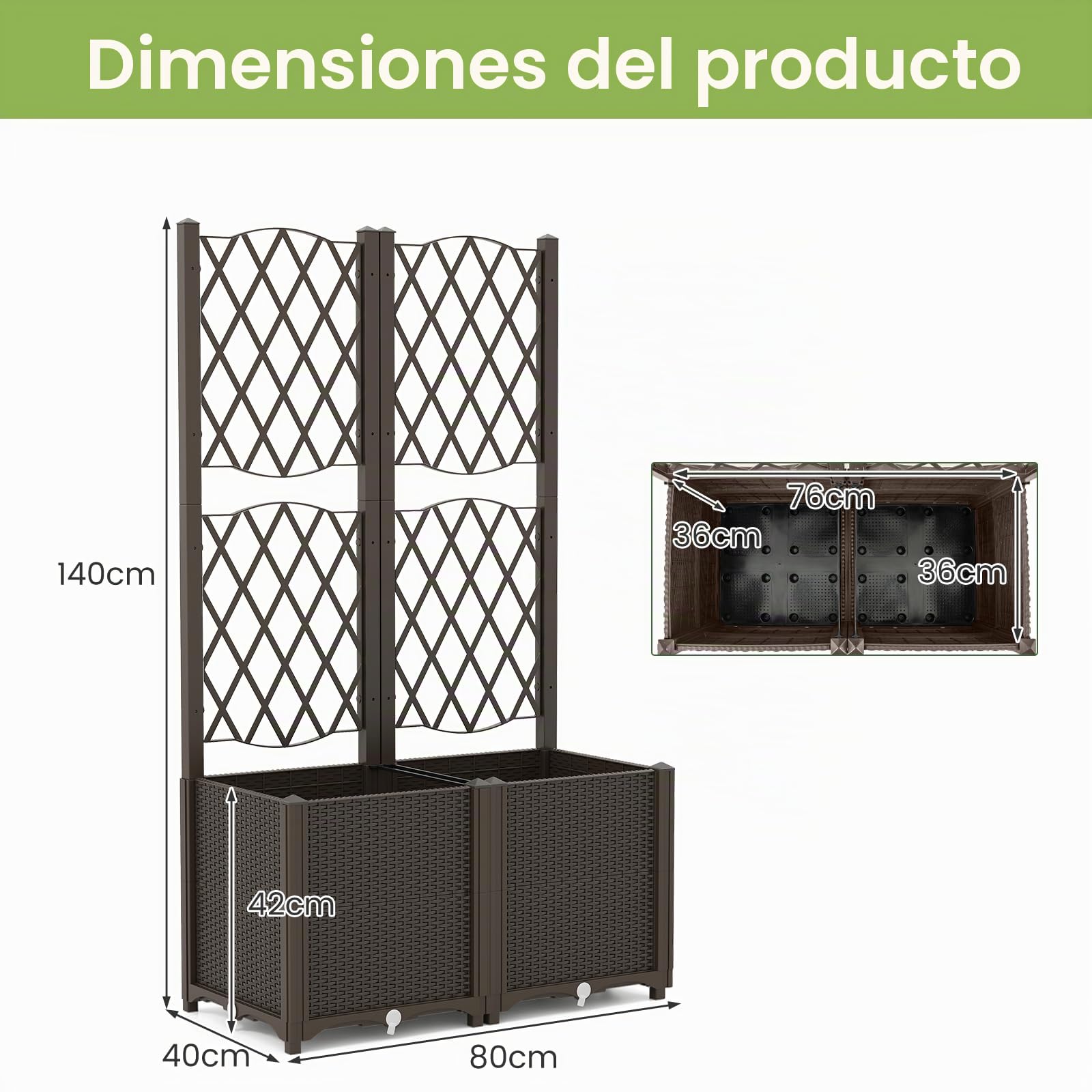 HOMASIS Jardinera con Celosia Exterior de PP, Jardinera Elevada Rectangular con Soporte para Plantas Trepadoras, Autoriego,Cama de Jardín Grande para balcón,Terraza,Patio (marrón, 80x40x140cm)