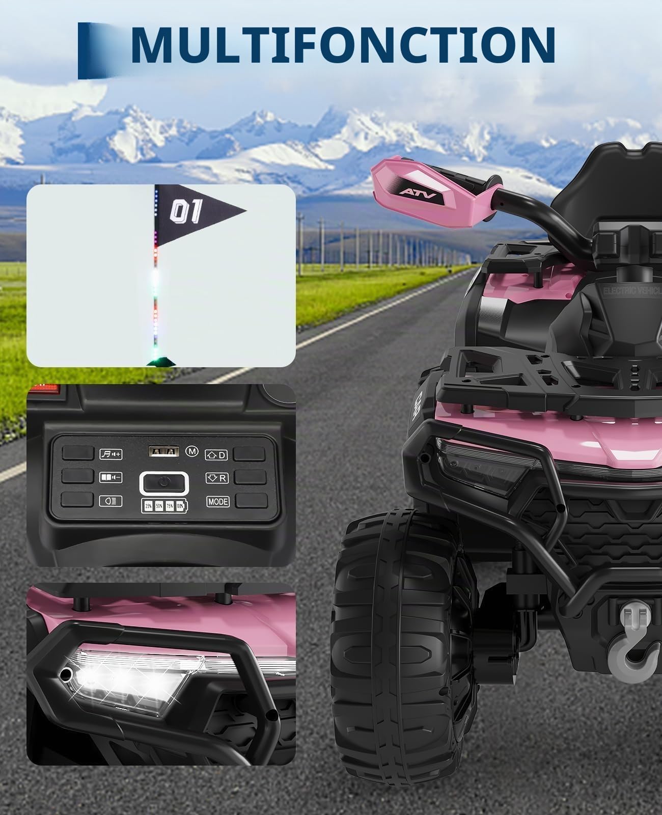 Quad Électrique Enfant 12V avec Musique et Phares, Voiture Électrique à Double Moteur avec USB et Bluetooth, Vitesse 3-5 km/h, Véhicule Tout-Terrain à Batterie pour Enfants 3+ Ans, Rose