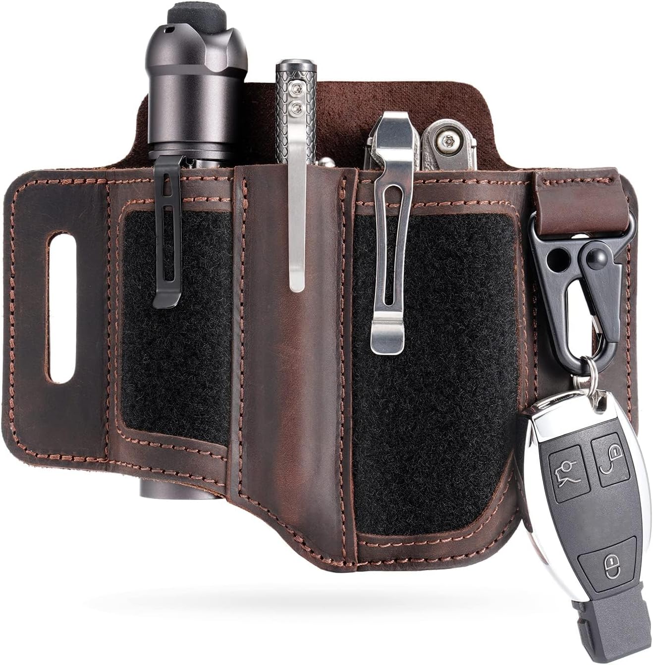 VIPERADE PL3 Multitool Sheath, Leather Sheath with DIY Patch Area, EDC Pocket Organizer for Men, Leatherman Sheath Flashlight Holder with Pen Holder, EDC Belt Organizer with Key Holder (A-Dark Brown)