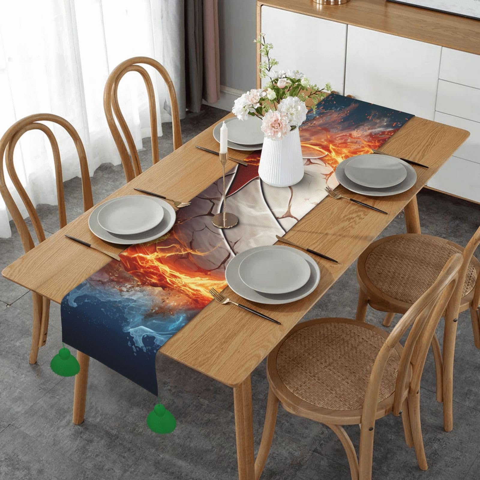 Chemin de table volleyball Ice and Fire 152cm en coton lin avec pompons