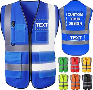Custom Safety Vest for Men with Logo Pockets Blue High Visibility Reflective Vests Construction Security Workwear Outdoor Protective