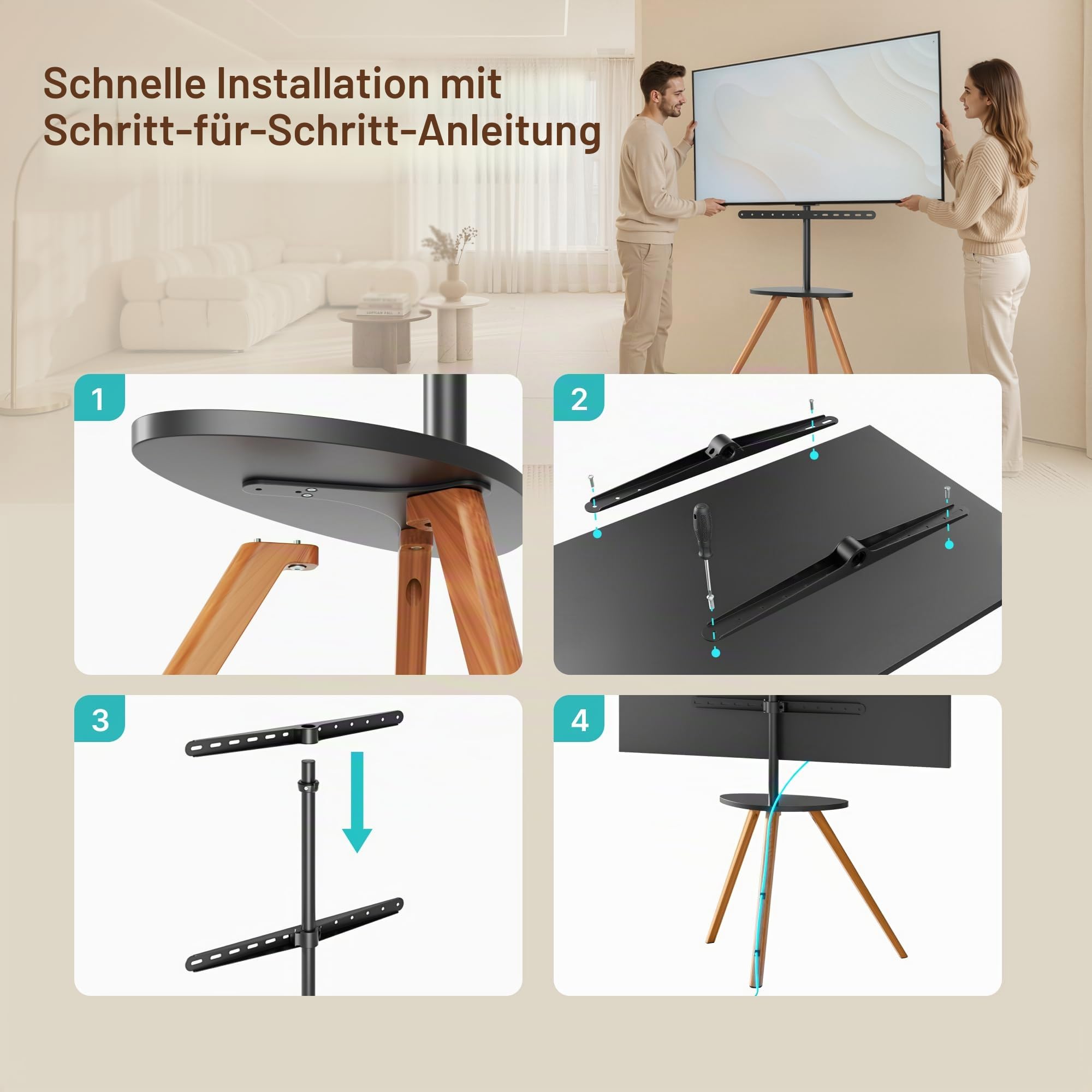PEGZONE TV Ständer für 45 bis 65 Zoll LCD LED OLED Bildschirm bis zu 40 kg | Tragbarer TV Staffelei Holz mit Holztablett, Tripod TV Standfuss höhenverstellbar schwenkbar, Max VESA 600x400mm,für Haus