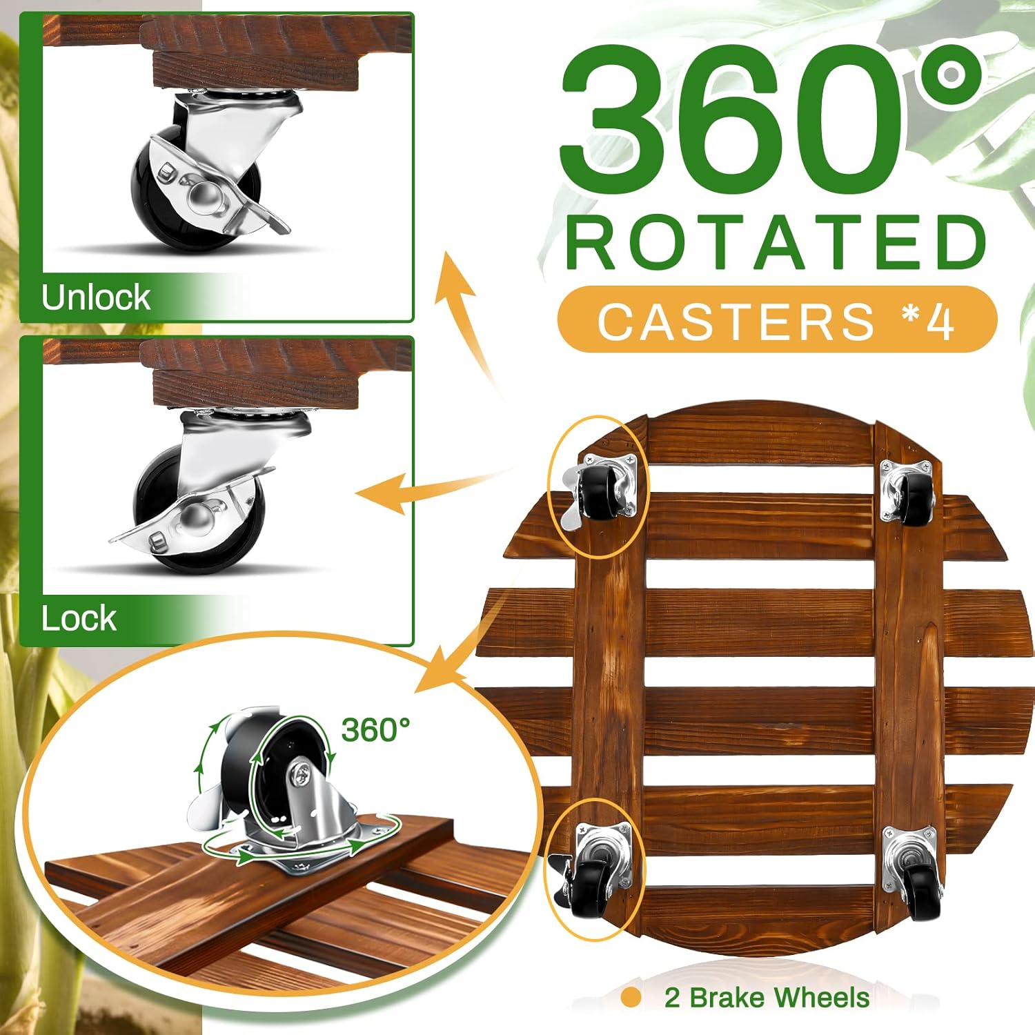 Taiyin 4 Pack 14 Inch Wood Plant Stand with Lockable Wheels 220 Lbs Heavy Duty Round Rolling Plant Caddy for Plant Pots with Casters Strong Plant Roller Dolly Base for Outdoor Indoor(Brown Wood)