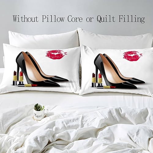 Miniatura 4 de LUVIVIHOME Juego de funda de edredón blanca de 3 piezas, tamaño Queen, tacones altos negros, lápiz labial, maquillaje, labios rojos, blanco, colcha,