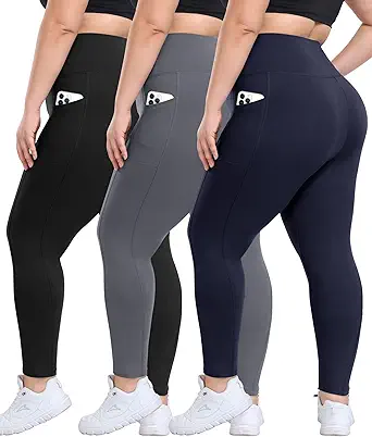 3 Pack Plus Size Leggings with Pockets for Women - High Waisted Tummy Control Spandex Soft Black Workout Yoga Pants