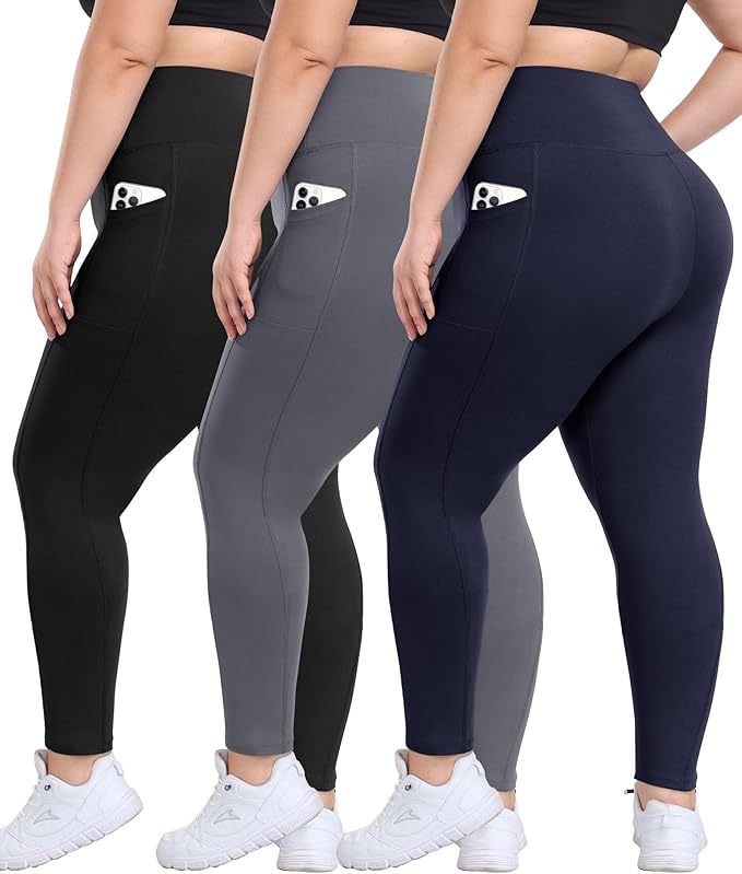 3 Pack Plus Size Leggings with Pockets for Women - High Waisted Tummy Control Spandex Soft Black Workout Yoga Pants