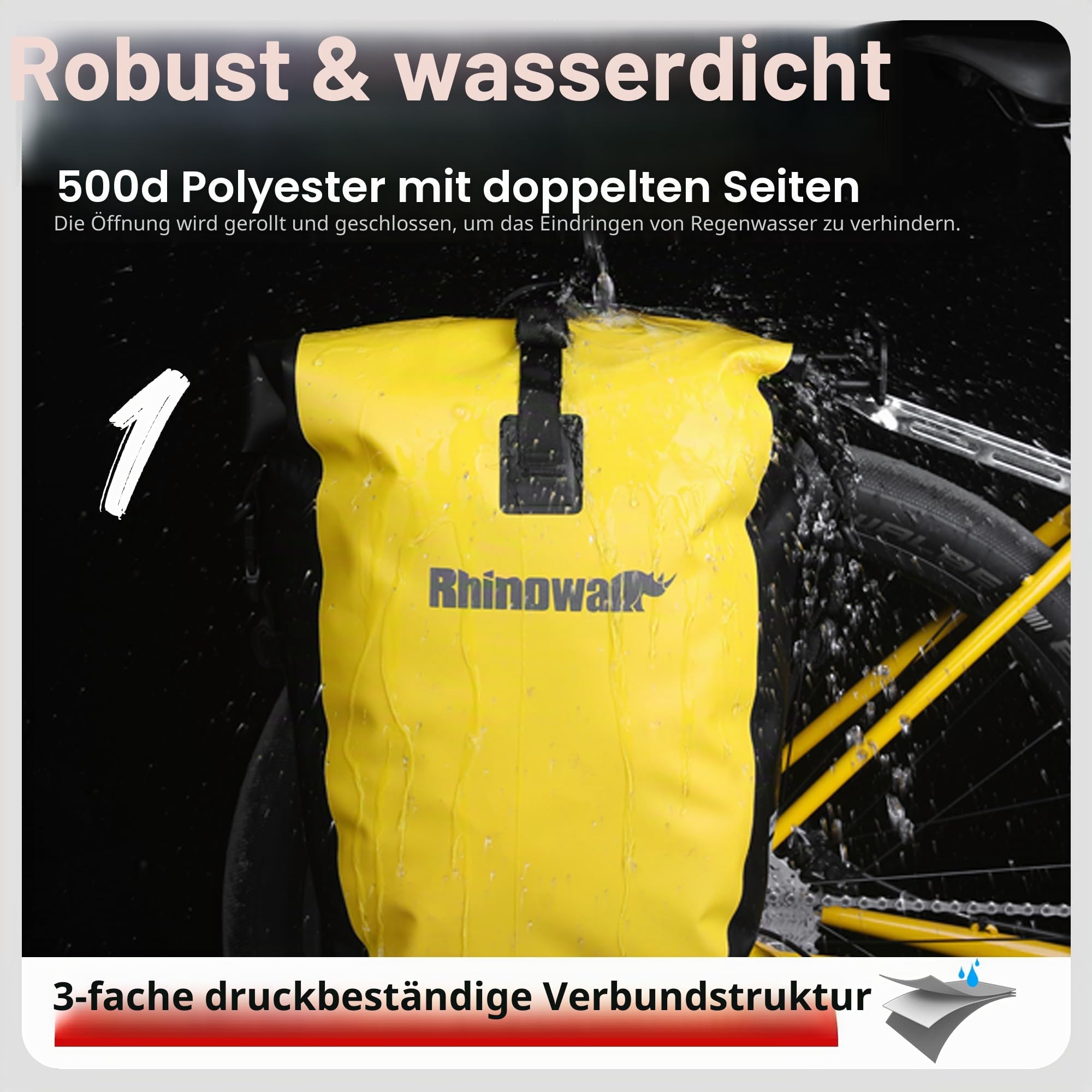 Rhinowalk Fahrradtasche, wasserdichte Fahrrad Gepäckträgertasche, 25L für Fahrrad Gepäckträger, Satteltasche, Umhängetasche, Laptop, professionelles Fahrradzubehör, Schwarz