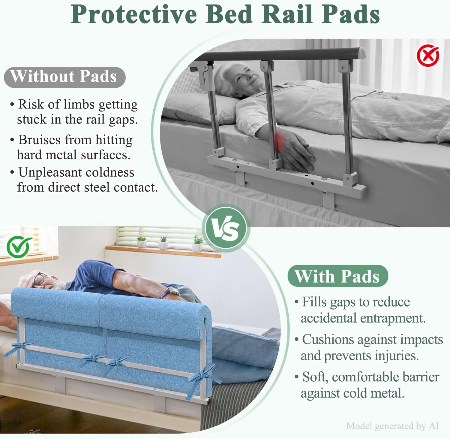 Bed Rails Pads Cover for Elderly Adults Safety, Soft Bed Guard Rail Bumpers Pad Covers for Hospital, Padded Covers for Bed Side Rails, Foam Cushion Warps with Storage Pockets (2 Count)