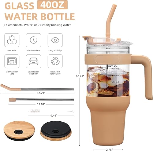 Miniatura 4 de Vaso de vidrio de 40 onzas con 2 tapas, tapa de popote de bambú y tapa de popote 2 en 1, taza de café helado con asa, botella de agua de vidrio con