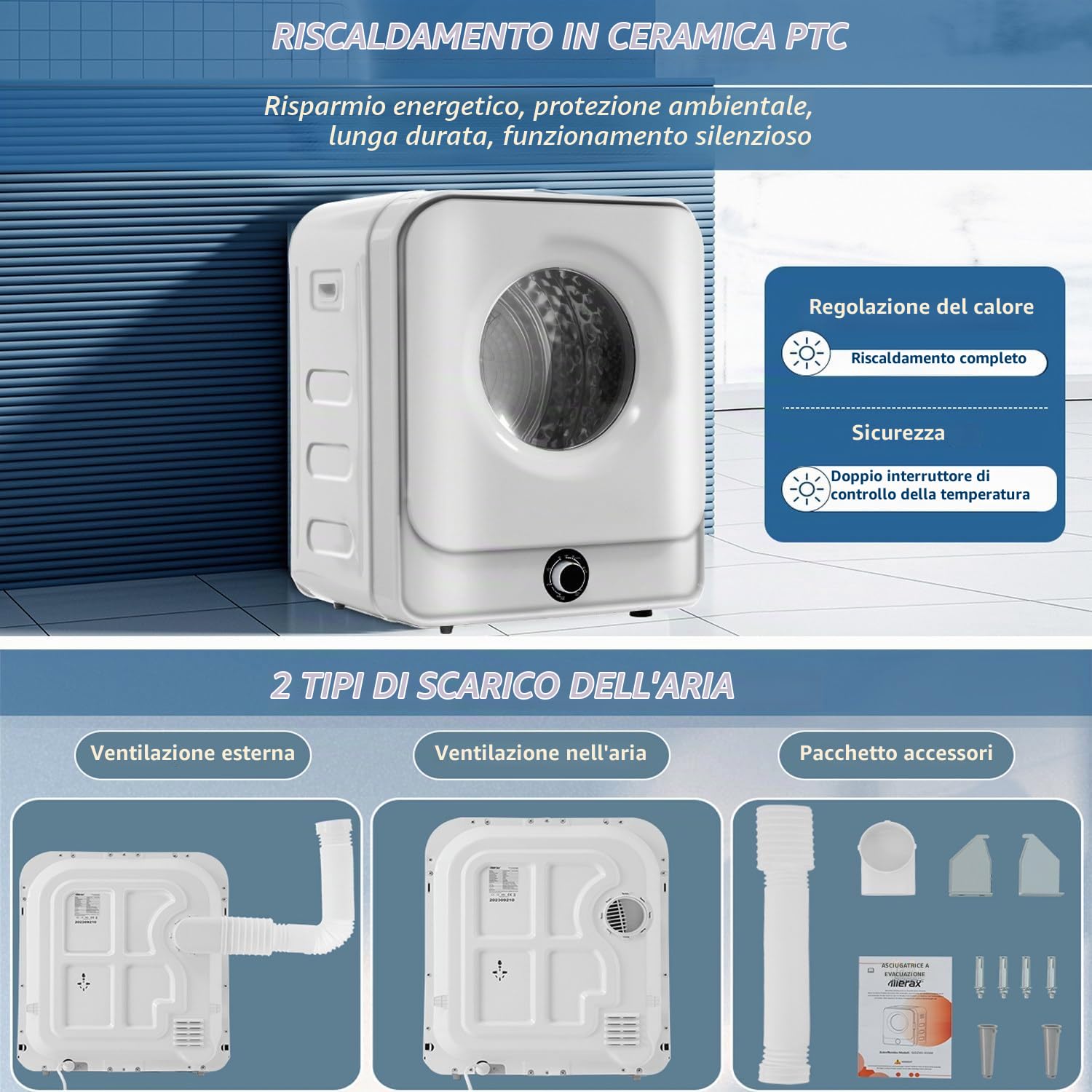 Qiang 830W Mini Asciugatrice per Vestiti Portatile Asciugabiancheria Elettrico Essiccatore Piccola Canna Interna in Inossidabile 3Kg Fino a 4,5Kg Montaggio a Parete/Indipendente/Sottobanco