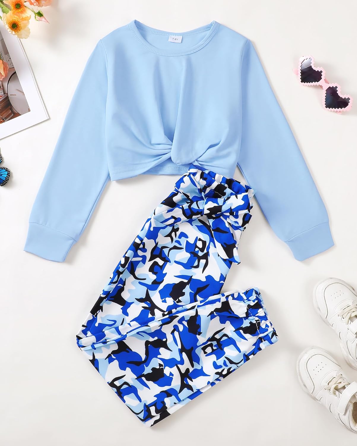 Girls 2 Piece Outfits Long Sleeve Twist Front Shirts and Camo Pants Sets for Fall Winter Sweatsuits Size 5-14Y - Image 4