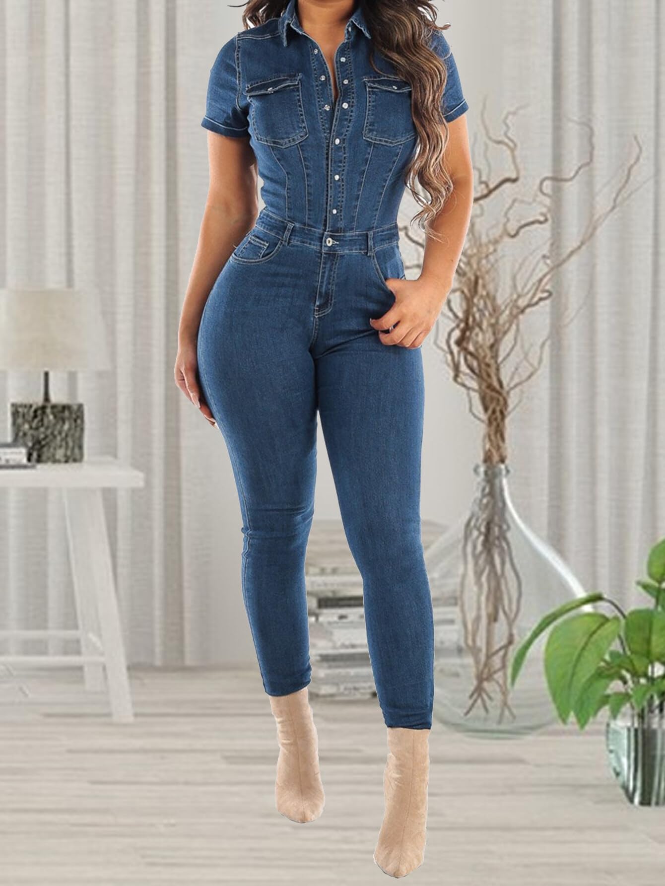 Asudaro Tuta Intera In Denim Da Donna Con Vita Media E Jeans Skinny Comodi