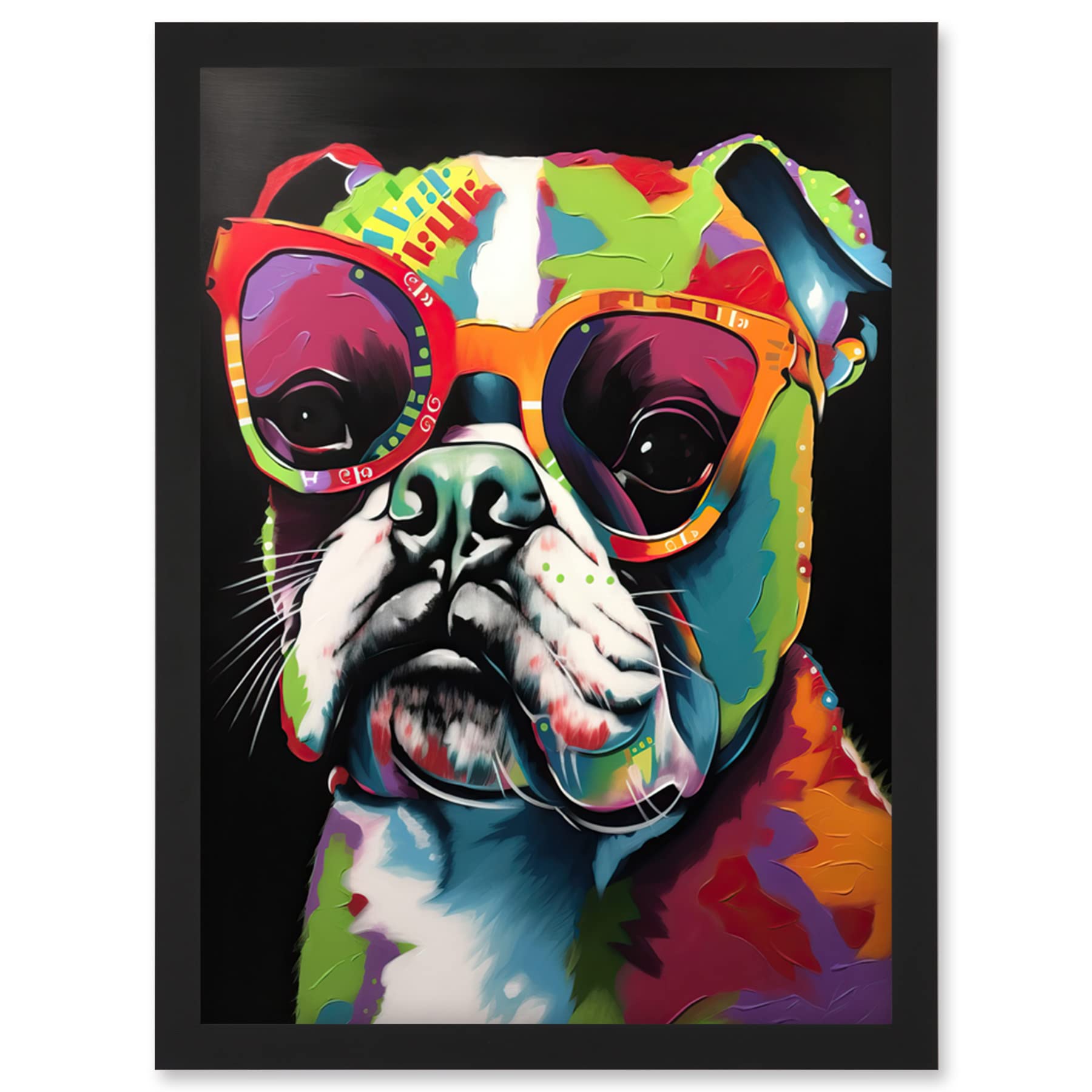 Artery8 Rainbow Colour English Bulldog Puppy in Sunglasses Artwork Framed Wall Art Print A4
