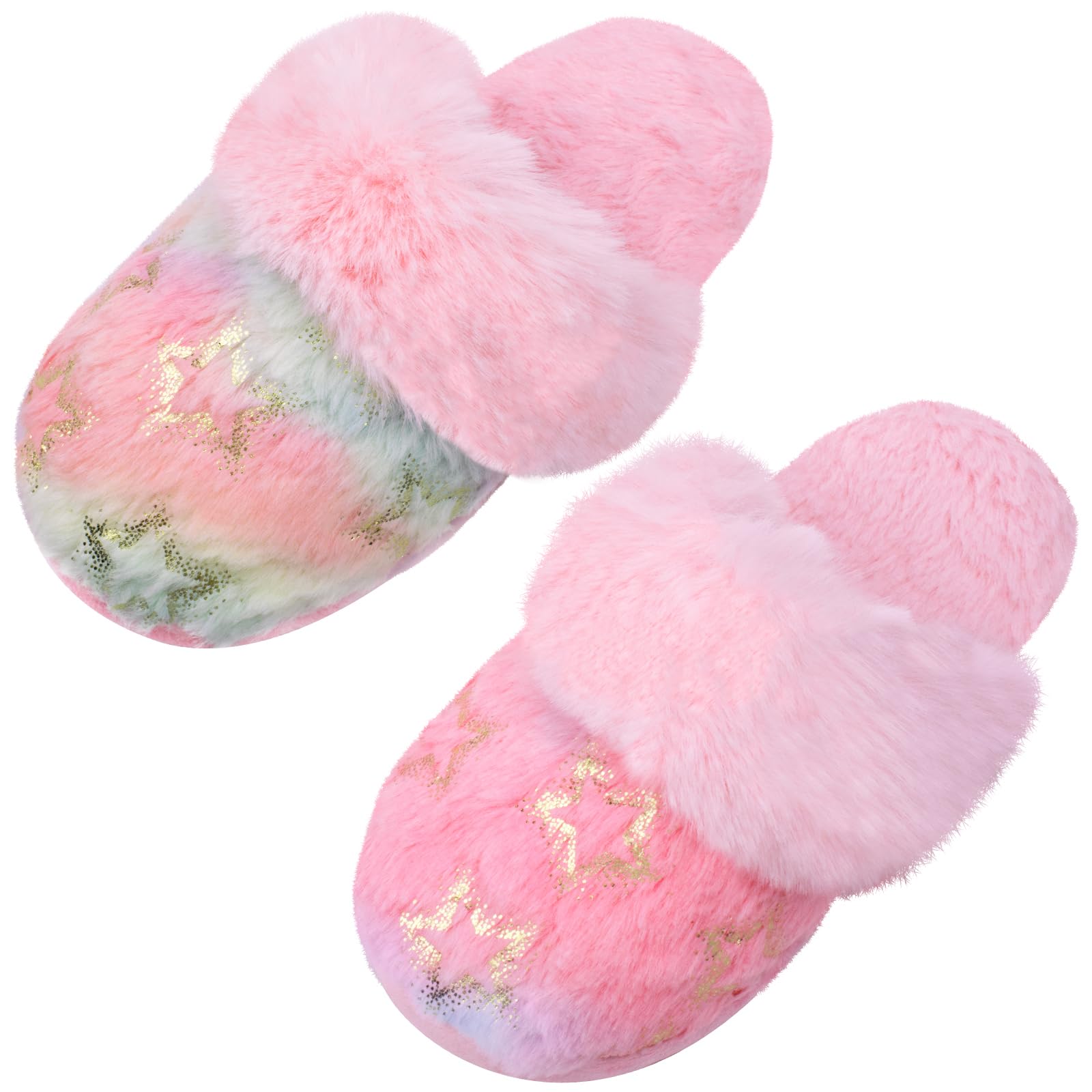 Girls Fluffy Mermaid Star House Slippers Cozy Warm Slip-on Animal House Shoes for Kids Bedroom Indoor Outdoor