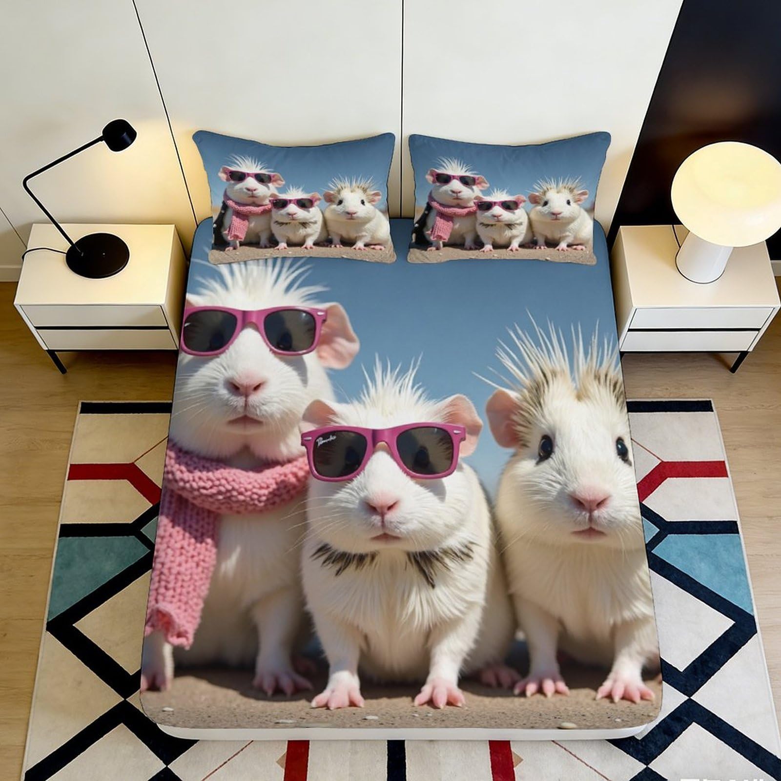 3D Printed Cool Guinea Pigs Fitted Sheet Microfiber Soft Breathable Funny Rodents Bed Cover for Bedroom Dormitory Guest Room Mattress Protection Decor 120x200x25cm