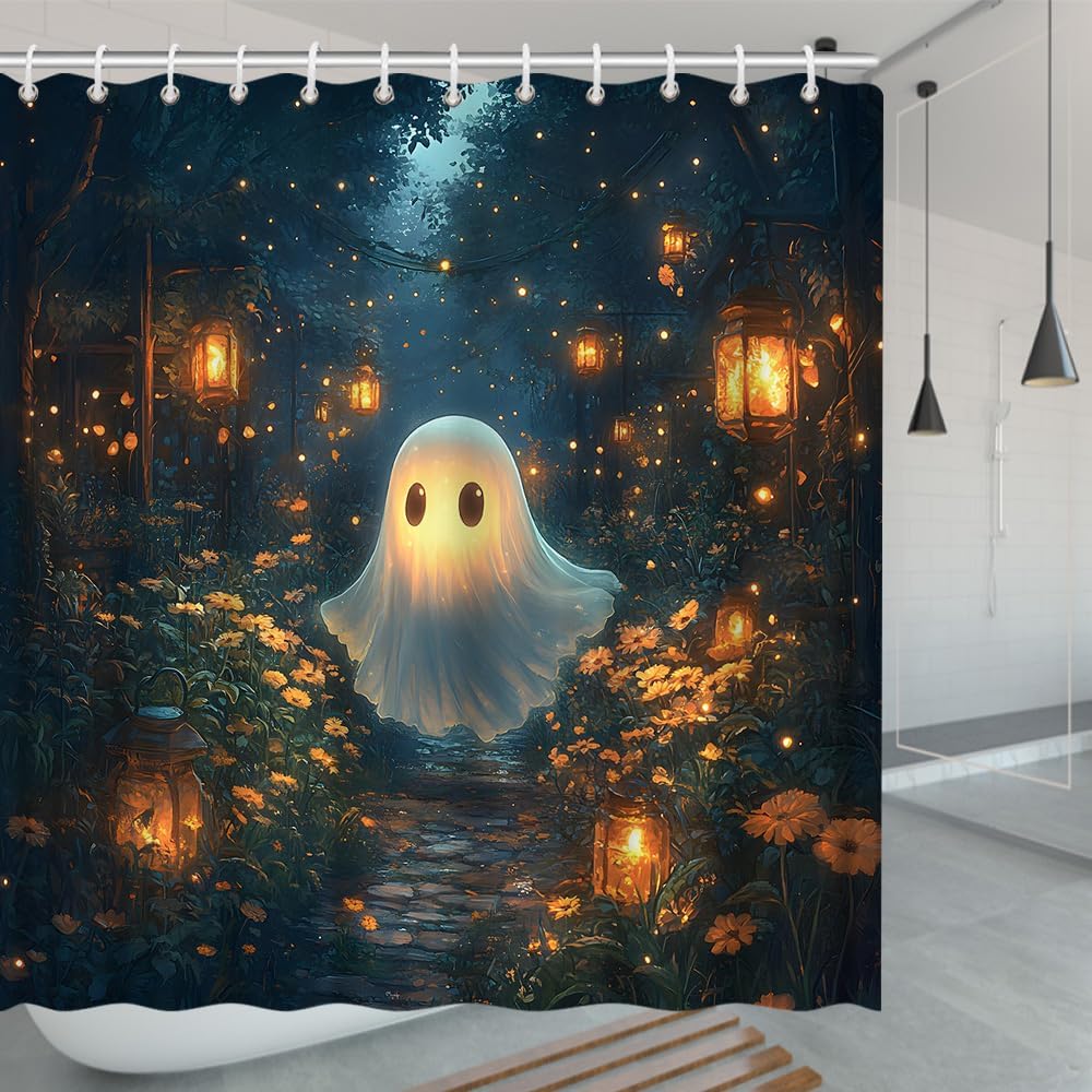 Spooky Ghost Shower Curtain Fantasy Foggy Forest Funny Ghost Drift Cabin Path Wildflower Gothic Halloween Magic Wonderland Bath Decor Polyester Fabric Curtains 106X70 Inch