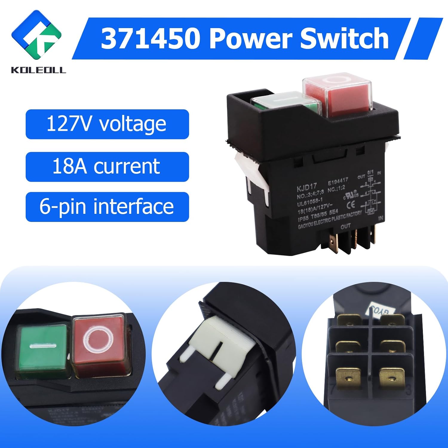 371450 Power Switch Replacement Compatible with Hitachi Metabo HPT C10RJ C10RJSM Table Saw 127V 18A 6pin