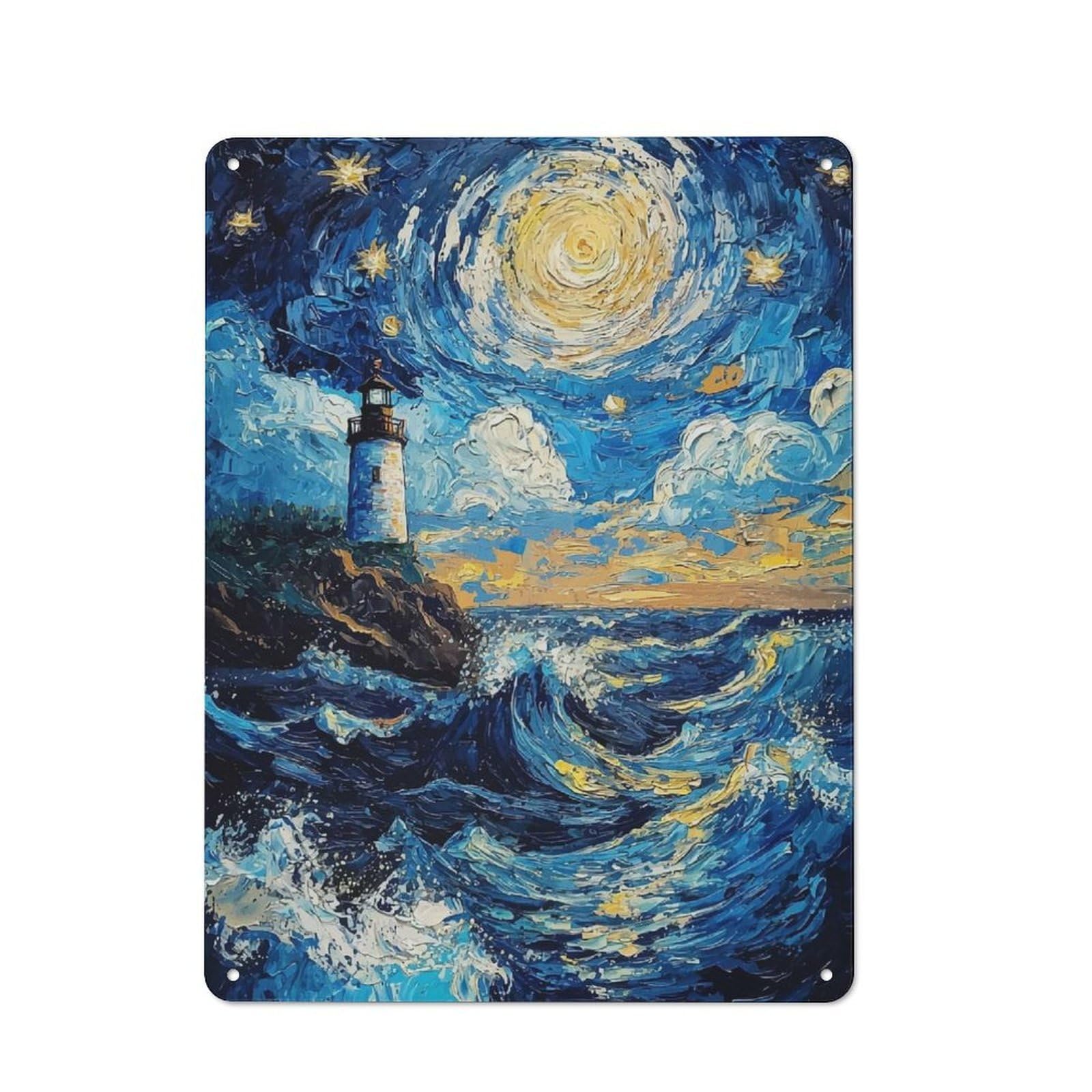 Junmoney Lighthouse Under Starry Sky Cottage Style Metal Wall Decor 40X30cm, Farmhouse Metal Sign For Dining Room, Cafe, Entryway Or Family Room