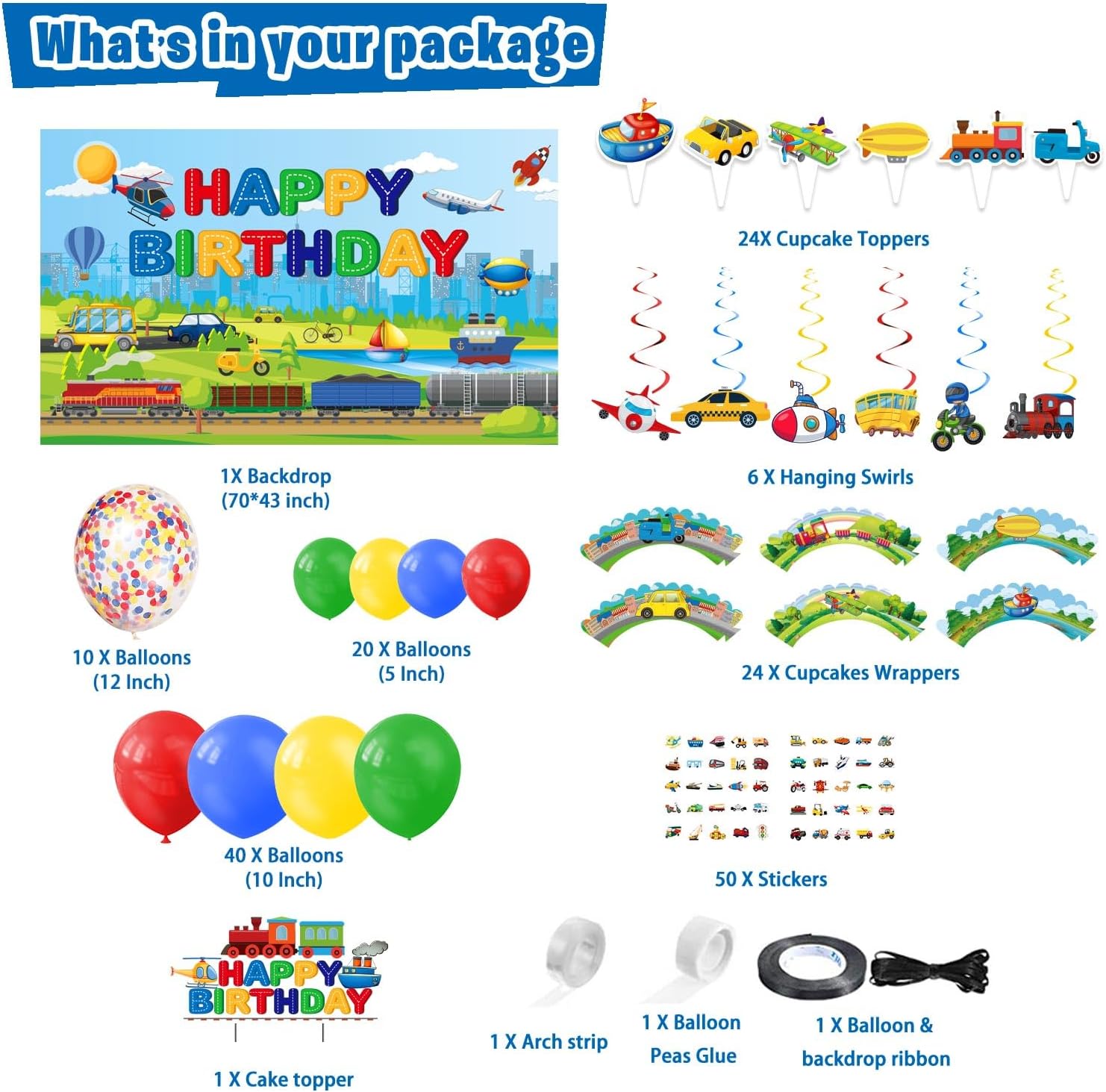 Transportation Birthday Party Supplies, 185 Pcs Transportation Train Car Themed Party Decorations for Boys Girls - Backdrop, Toppers, Balloons, Cupcakes Wrappers, Hanging Swirls, Stickers - Image 2