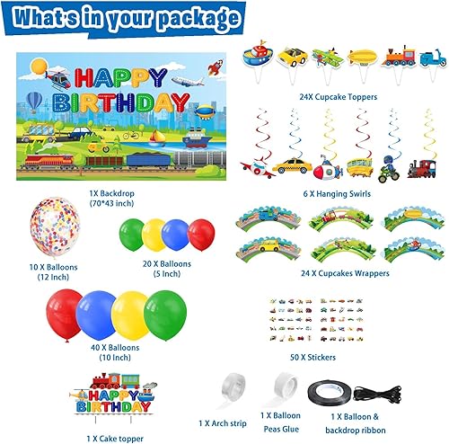 Miniatura 2 de Suministros de fiesta de cumpleaños de transporte, 185 piezas de decoración de fiesta temática de tren de transporte para niños y niñas, telón de