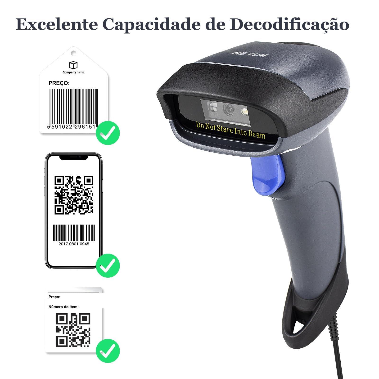 NETUM Scanner di codici a barre 2D con supporto USB 2.0 cablato QR Code Imager Lettore automatico di codici a barre a mano pistola con cavo USB per laptop, computer, cassa, POS -M5S