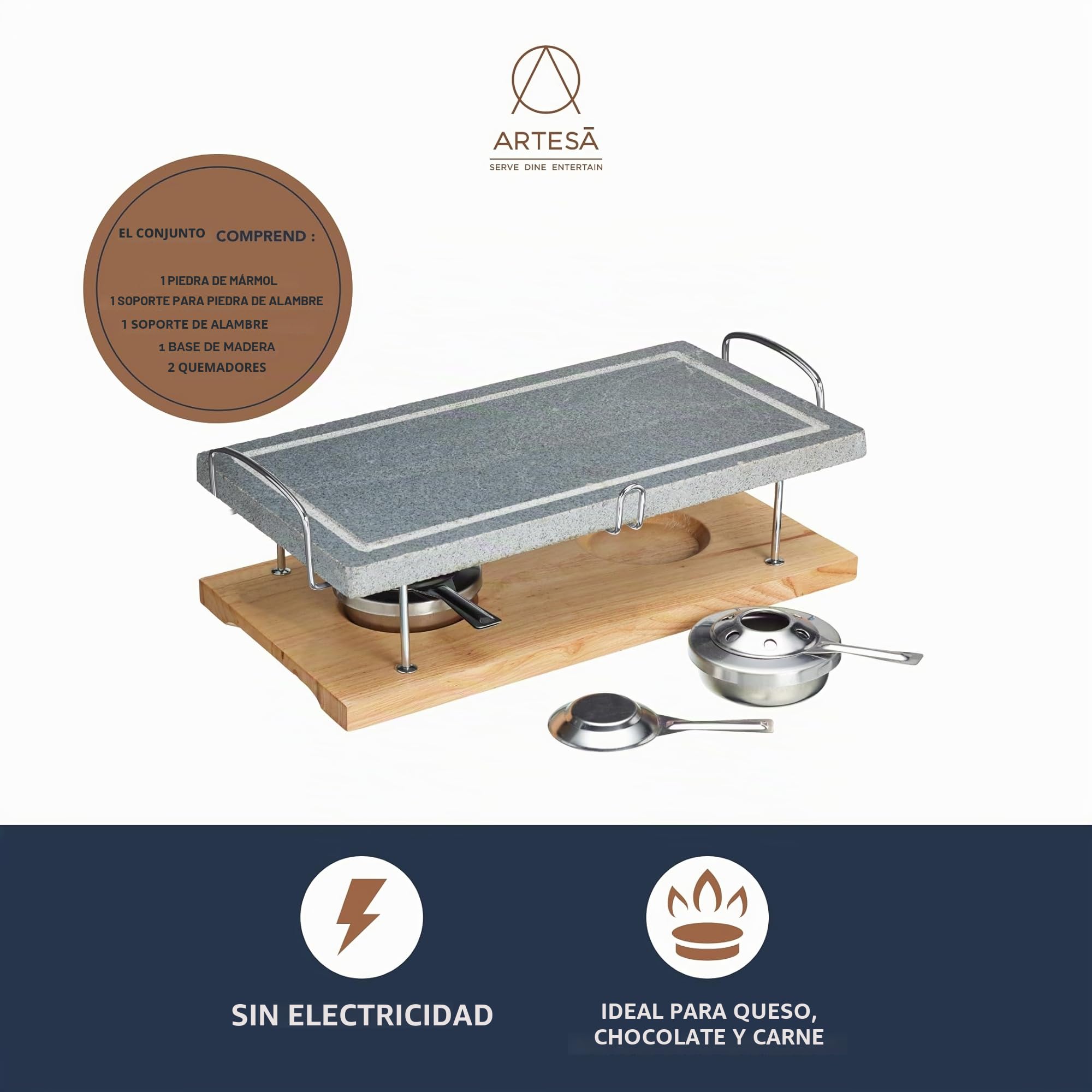Artesa Parrilla de Piedra Caliente, Parrilla Gourmet de Sobremesa, Parrilla de Piedra para Carnes, Mariscos y Verduras, 41,5 x 22 x 15 cm - Mármol/Madera