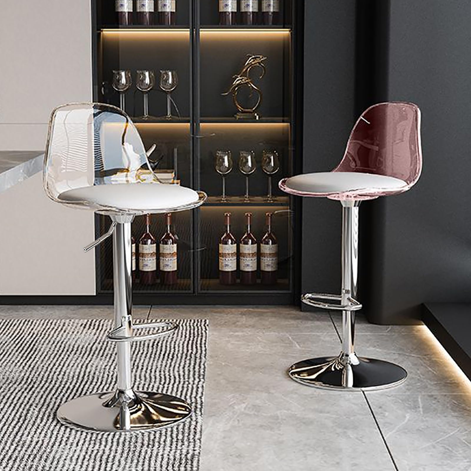 Acrylic Swivel Barstools Set of 2, PU Leather Seat with Clear Back, Armless Hydraulic Kitchen Counter Height Bar Stools,for Kitchen,Restaurant,Bar (Color : Clear+Pink)