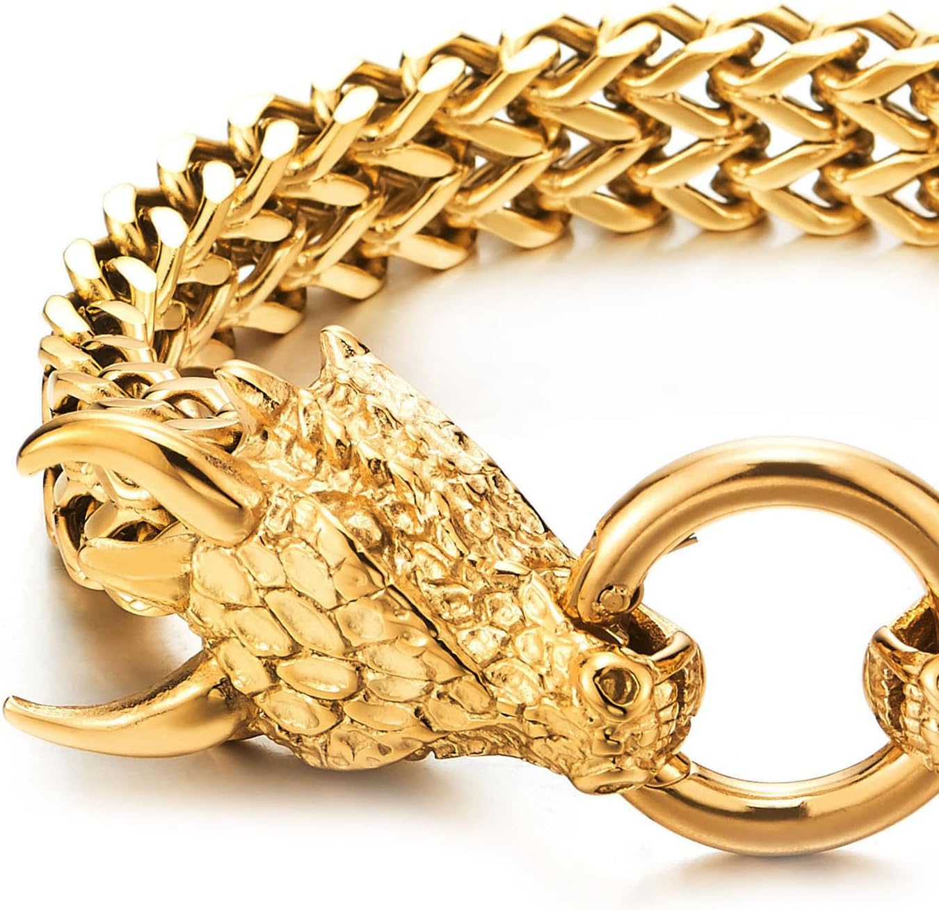 Men Steel Square Franco Chain Curb Chain Bracelet Dragon Head with Scales Spiked Horn, Ring Clasp